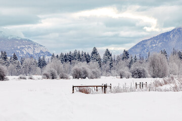 winter landscape scene of snow covered farming area with trees and mountains in background, flathead valley, Montana