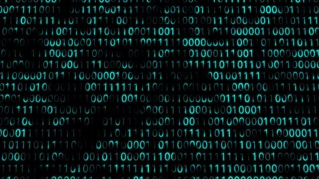 Abstract blue binary code on black. Changing program code from zero and one. Futuristic cyberspace, binary data, streaming code matrix background. Digital encryption, software coding and programming.