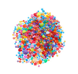 Pile of bright colorful beads on white background, top view