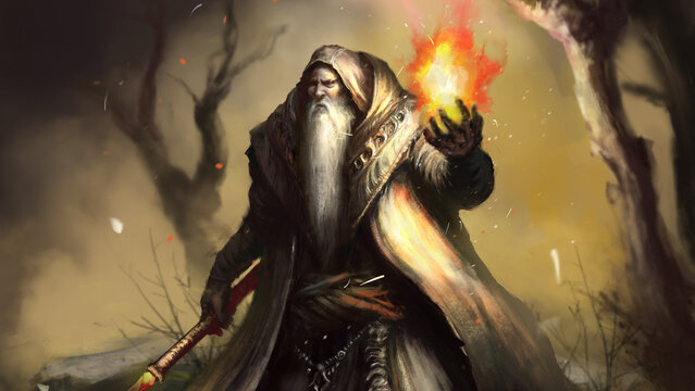 An old wizard in a robe with a staff and amulets uses fire magic, he has a staff with a fire crystal and a thick gray beard. digital drawing style, 2D illustration