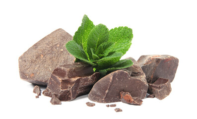 Tasty dark chocolate pieces with mint on white background