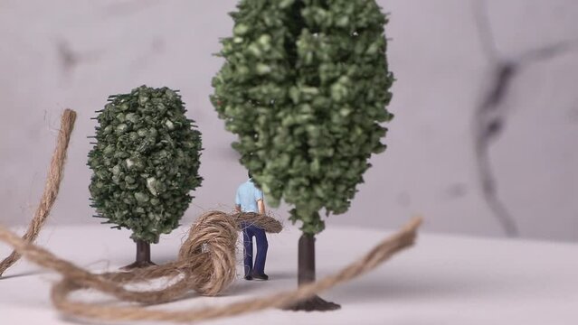 A miniature man tied to a miniature tree and rope. Concept about masculinity forced in society.
