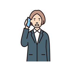 人物_女性_スーツ_上半身_スマホで通話_困る