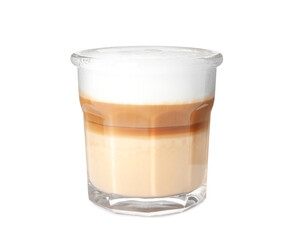 Glass of delicious latte macchiato on white background