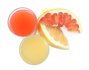 Glasses of different pomelo juices and fruits isolated on white, top view