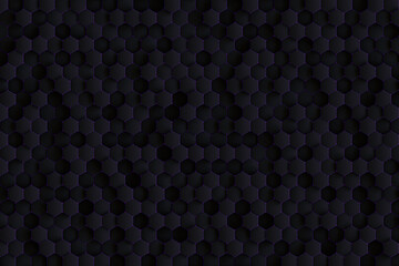 3D Architectural Geometric Texture from Black Hexagons With Purple Light Glow Between Cells.
