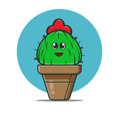 Illustration of cute round cactus cartoon icon in a pot. Fantasy garden concept. Isolated premium design.