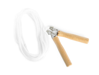 Skipping rope on white background, top view. Sports equipment