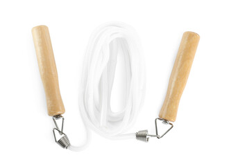 Skipping rope on white background, top view. Sports equipment