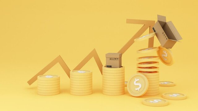dollar gold coin with yellow arrow Surrounded by cardboard boxes and stock charts on the back that are constantly rising in inflation concept. on a yellow background 3d render animation looped