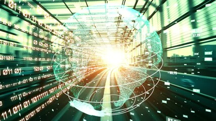 Futuristic global network and tacit digital data transfer 3D graphic . Concept of smart digital transformation and technology disruption that changes global trends in new information era .