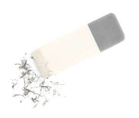 Double eraser and crumbs on white background, top view