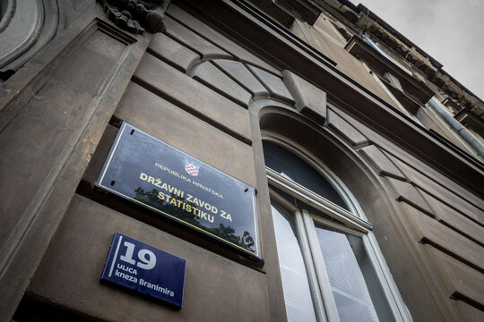ZAGREB, CROATIA - JUNE 19, 2021: Sign indicating the entrance to the Drzvani Zavod za statistiku, the Croatian bureau of statistics, in front of their main office in Zagreb...