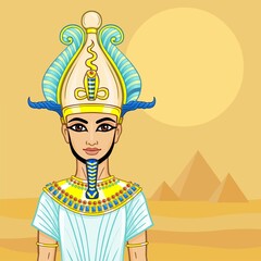 Animation Egyptian Pharaoh in the divine crown with horns and feathers. Vector illustration. Background - desert landscape, pyramids.s and feathers. 