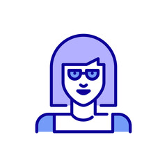 Line art avatar icon. Cute girl with glasses and bob haircut. Pixel perfect, editable stroke, colored