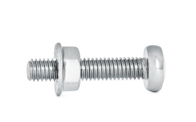 Metal carriage bolt with flange nut isolated on white