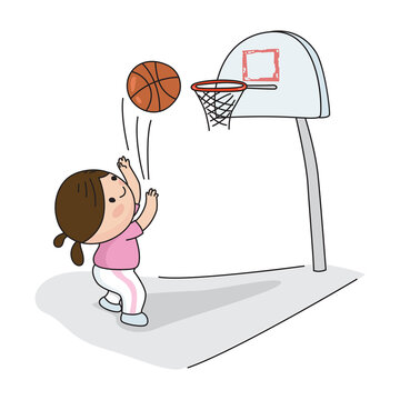 Cartoon happy little cute girl playing basketball, illustrator vector cartoon drawing
