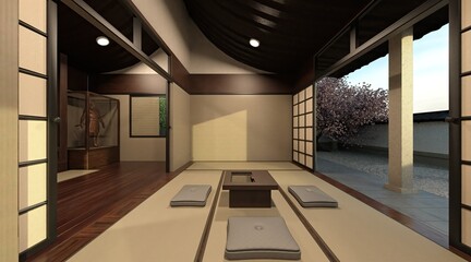 Samurai house exterior and interior 3d illustration