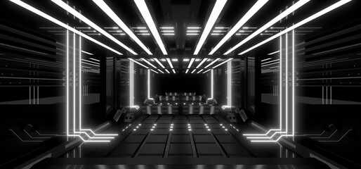 A dark tunnel lit by white neon lights. Reflections on the floor and walls. 3d rendering image.