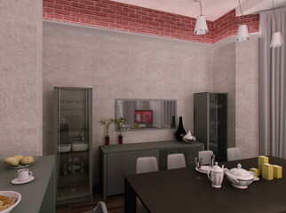 Townhouse in loft style. Interior design for home. 3d render for inspiration. Interior of a modern country house