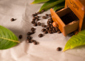 Close up coffee beans with part of grinder and leaf, copy space