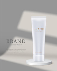 Tube of cosmetic product stand on podium. Tube for cream.