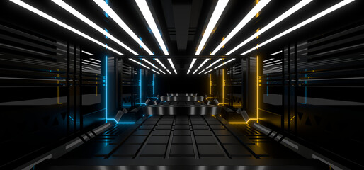 Sci Fy neon lamps in a dark corridor. Reflections on the floor and walls. 3d rendering image.