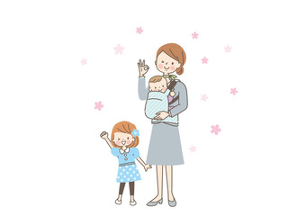 春に出かけるスーツ姿の笑顔のママと子ども達