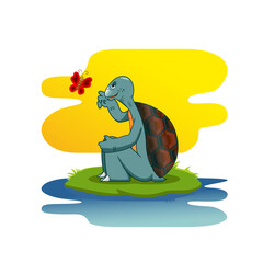 sitting smiling tortoise, turtle chasing butterfly