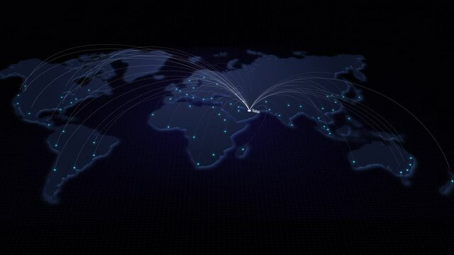Global connectivity from Dubai to other major cities around the world. Technology, network connection, trading, and traveling concept. World map element furnished by NASA