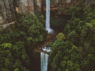 Aerial shot of a waterfall in a valley, Belmore Falls, New South Wales Austalia 