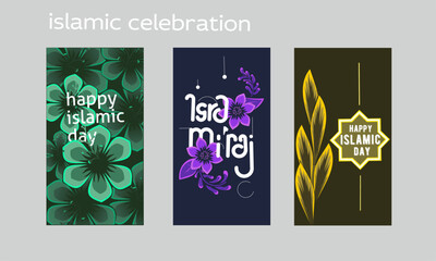 Naklejka premium Islamic day celebration poster .modern neon flower theme in nice colorful design. Featuring beautiful flowers with the theme of Ramadan, isra mi'raj and islamic days .trendy poster typography .eps 10