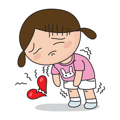  Cartoon sad little cute girl with broken heart, illustrator vector cartoon drawing
