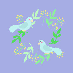 Two birds sit on a spring wreath