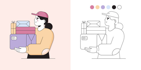 Illustration Of a Girl Carrying Boxes, Good For Marketing, Business, Banner.