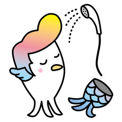 つっぱりアマビエ君が服を脱いで、気持ちよさそうにシャワーを浴びています。
コロナで流行った日本の妖怪「アマビエ」。
あまりにも、コロナが長引くので、アマビエもグレちゃいましたよ。
ポンパドールのヘアスタイルがお気に入りのアマビエ君は、ちょっとドジだけど、熱いハートの持ち主です。
ベクターイラスト。