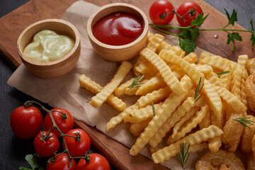 Homemade baked potato fries with mayonnaise, tomato sauce and rosemary on wooden board. tasty french fries on cutting board, in brown paper on black stone table background, unhealthy food.