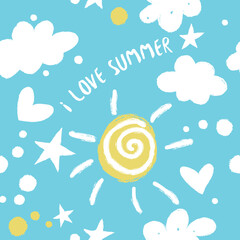 Seamless vector pattern with clouds, sun. Lettering - I love summer. 