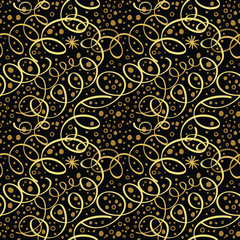 Golden serpentine on a black background. Seamless vector background.