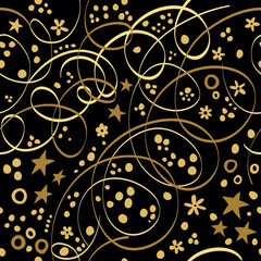 Golden serpentine on a black background. Seamless vector background.