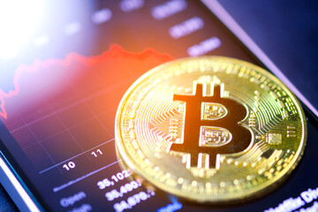 Bitcoin Stock Growth and Cryptocurrency Market Trends investing in digital assets and the chart showing the huge rise in bitcoin price. blockchain concept