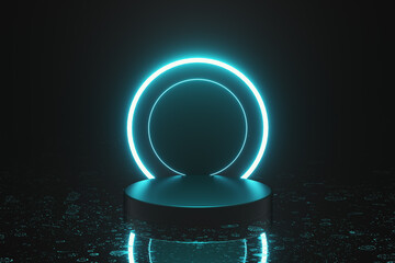 Green neon light product background stage or podium pedestal on droplets mirror floor with glow spotlight and blank display platform. 3D rendering.