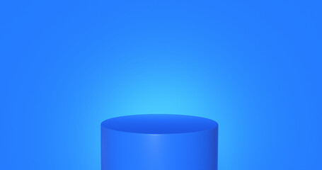 Blue product background stand or podium pedestal on empty display with glowing light backdrops. 3D rendering.