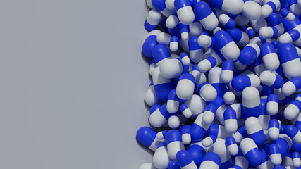Background for health and pharmaceutical industry concept. 
Realistic capsule blue pills on white background. 3d rendering illustration.