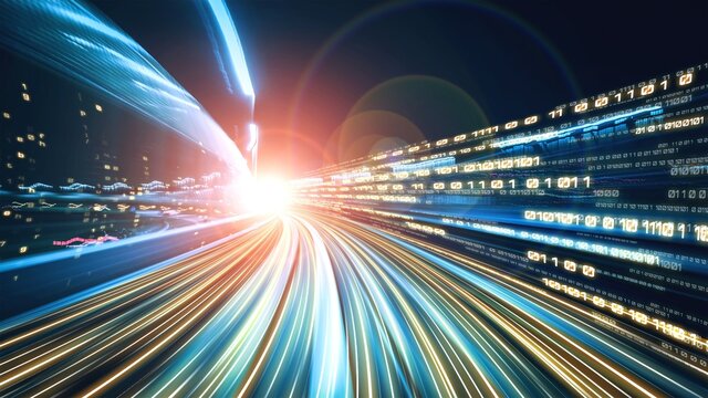 Digital data flow on road in concept of cyber global communication and coding with graphic creating vision of fast speed transfer to show agile digital transformation , disruptive innovation .