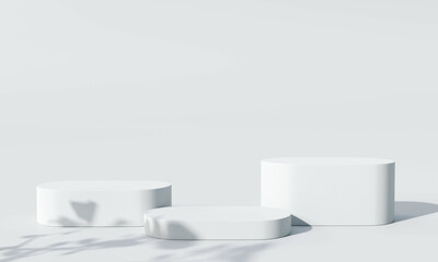 Product display podium with shadow nature leaves on white background. 3D render	
