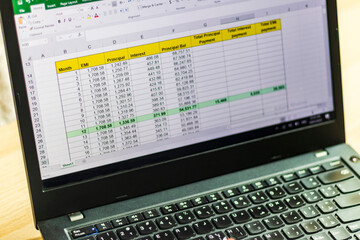 Shot of an excel sheet on computer screen showing bank loan amortization table. Accounting - obrazy, fototapety, plakaty