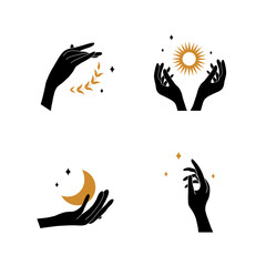 Boho hand with moon and sun. Collection of bohemian aesthetic design logos. Alchemy esoteric talismans. Vector illustration in minimalist style.