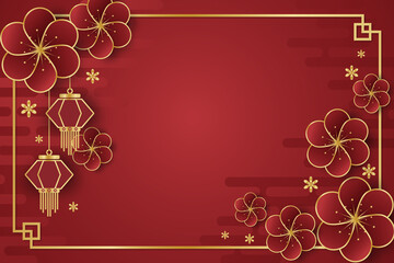Chinese New Year festival banner design with lamps and red flowers on red background for your copy space.