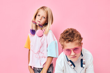 Happy couple child blonde hair fashionable glasses studio posing